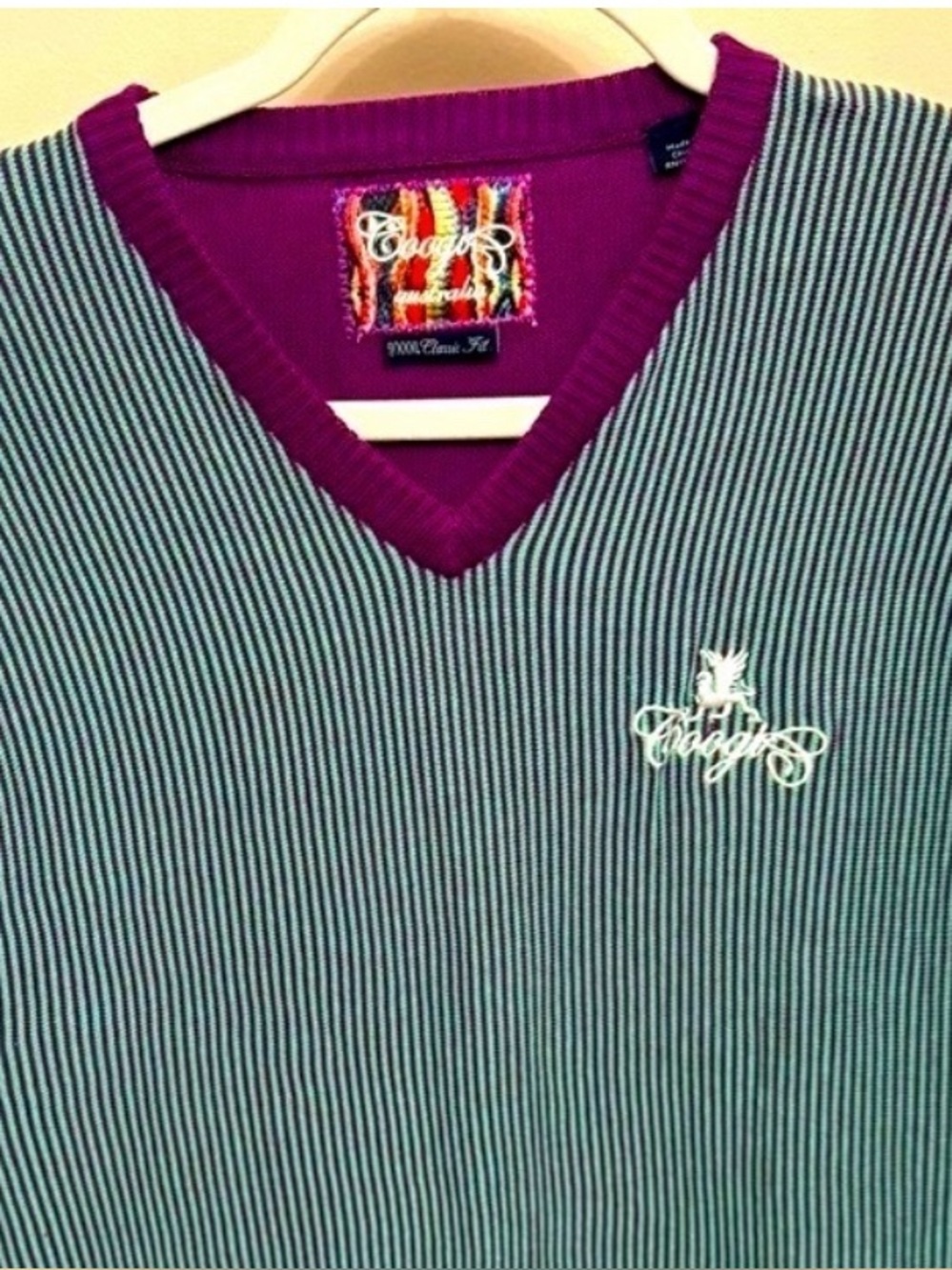 Coogi Australia Vintage Vest Striped Purple Green V Neck Knit Lightweight XXXL